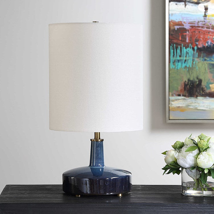 Uttermost Abyss Midnight Blue Ceramic Table Lamp With White Linen Drum Shade
