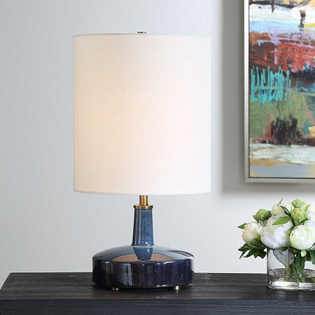 Uttermost Abyss Midnight Blue Ceramic Table Lamp With White Linen Drum Shade
