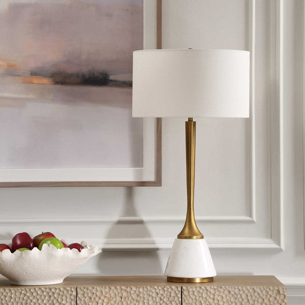 Uttermost Avola White Marble and Antique Brass Table Lamp With Linen Shade