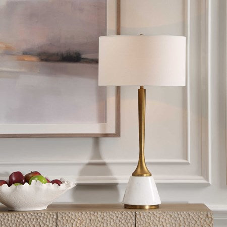 Uttermost Avola White Marble and Antique Brass Table Lamp With Linen Shade