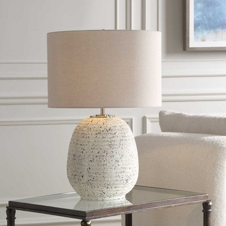 Uttermost Danala Distressed Stone Ivory Textured Ceramic Table Lamp With Light Beige Linen Shade