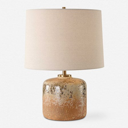 Uttermost Canyon Chocolate and Tan Mottled Glazed Terracotta Table Lamp With Beige Linen Shade