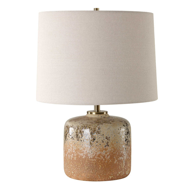 Uttermost Canyon Chocolate and Tan Mottled Glazed Terracotta Table Lamp With Beige Linen Shade