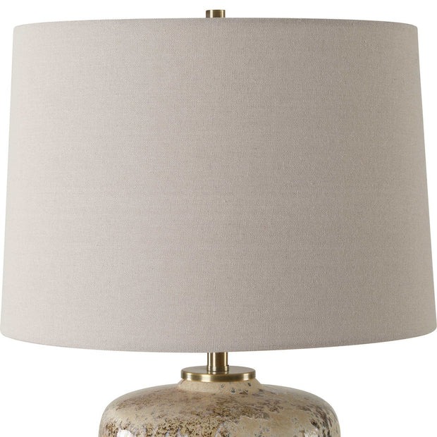 Uttermost Canyon Chocolate and Tan Mottled Glazed Terracotta Table Lamp With Beige Linen Shade