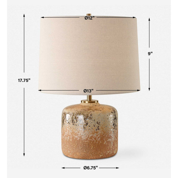 Uttermost Canyon Chocolate and Tan Mottled Glazed Terracotta Table Lamp With Beige Linen Shade