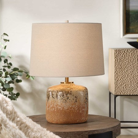 Uttermost Canyon Chocolate and Tan Mottled Glazed Terracotta Table Lamp With Beige Linen Shade