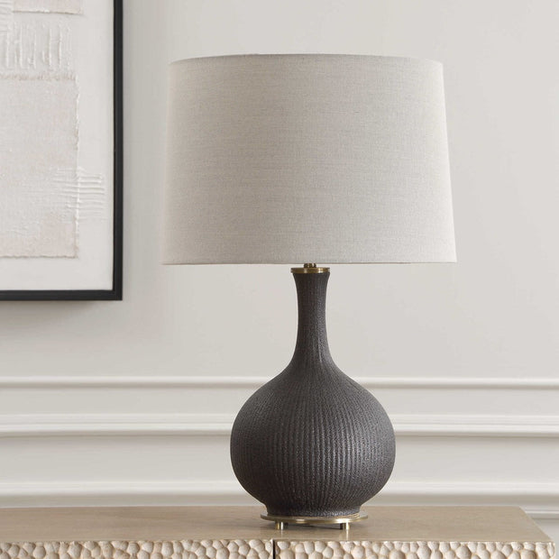 Uttermost Rimini Matte Black Ceramic Lamp With Gray Linen Shade