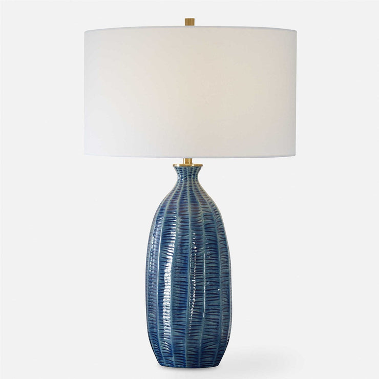 Uttermost Bixby Blue Glazed Textured Ceramic Table Lamp With White Linen Shade