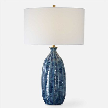Uttermost Bixby Blue Glazed Textured Ceramic Table Lamp With White Linen Shade