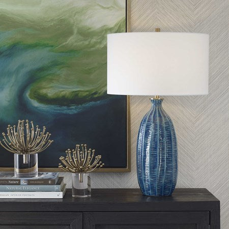 Uttermost Bixby Blue Glazed Textured Ceramic Table Lamp With White Linen Shade