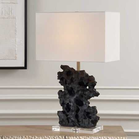 Uttermost Basalt Black Stone Rock Sculpture Table Lamp With White Linen Shade