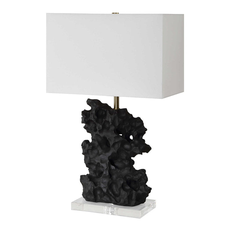 Uttermost Basalt Black Stone Rock Sculpture Table Lamp With White Linen Shade