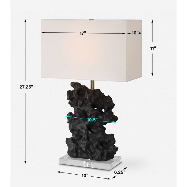 Uttermost Basalt Black Stone Rock Sculpture Table Lamp With White Linen Shade