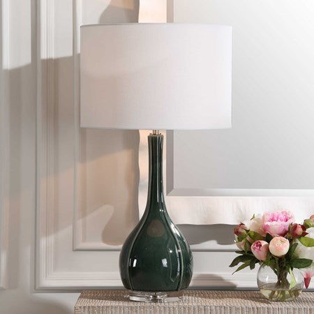 Uttermost Essex Hunter Green Crackled Glaze Ceramic Table Lamp With White Linen Shade