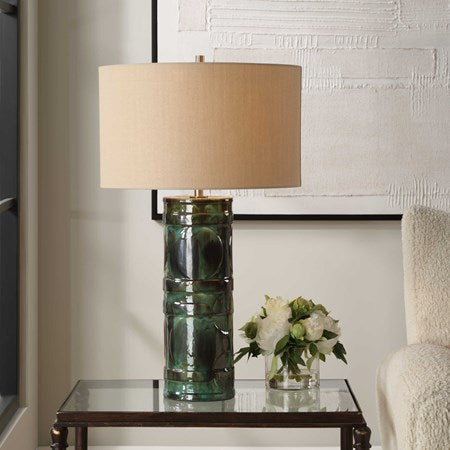Uttermost Loch Peacock Green and Slate Glazed Ceramic Table Lamp With Beige Linen Shade
