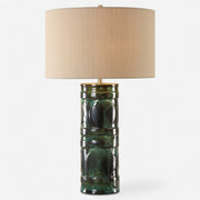 Uttermost Loch Peacock Green and Slate Glazed Ceramic Table Lamp With Beige Linen Shade
