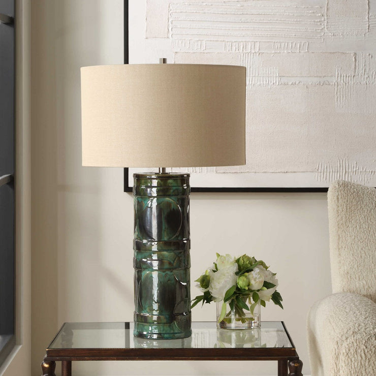 Uttermost Loch Peacock Green and Slate Glazed Ceramic Table Lamp With Beige Linen Shade