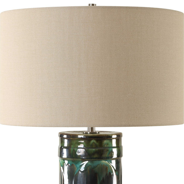 Uttermost Loch Peacock Green and Slate Glazed Ceramic Table Lamp With Beige Linen Shade