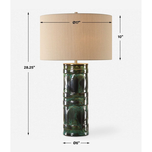 Uttermost Loch Peacock Green and Slate Glazed Ceramic Table Lamp With Beige Linen Shade
