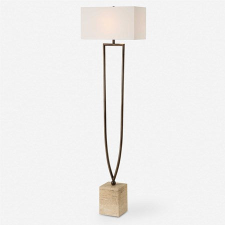 Uttermost Fork In The Road Iron and Travertine Floor Lamp With White Linen Fabric