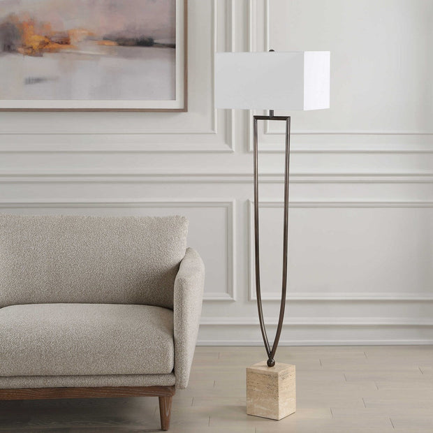 Uttermost Fork In The Road Iron and Travertine Floor Lamp With White Linen Fabric