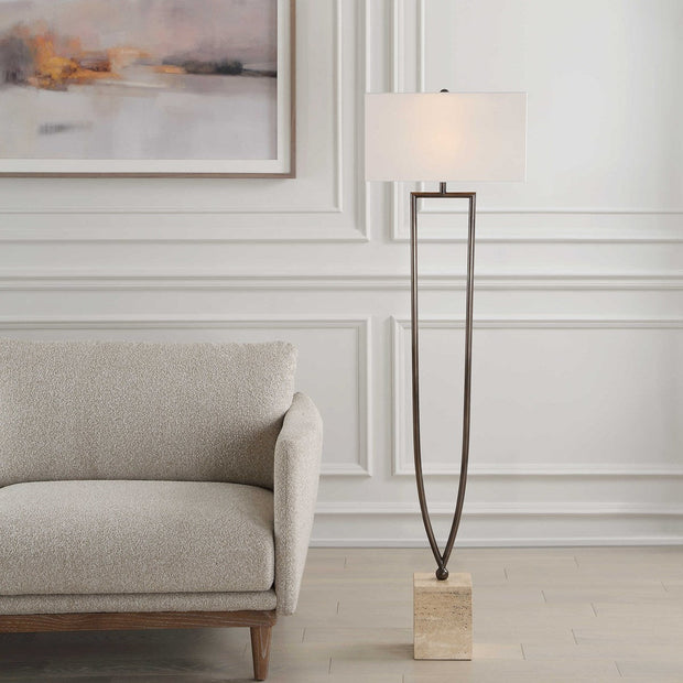 Uttermost Fork In The Road Iron and Travertine Floor Lamp With White Linen Fabric