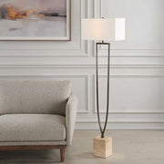 Uttermost Fork In The Road Iron and Travertine Floor Lamp With White Linen Fabric