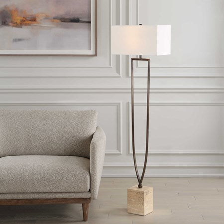 Uttermost Fork In The Road Iron and Travertine Floor Lamp With White Linen Fabric
