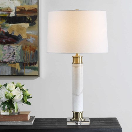Uttermost Plinth White Marble Table Lamp With Linen Shade