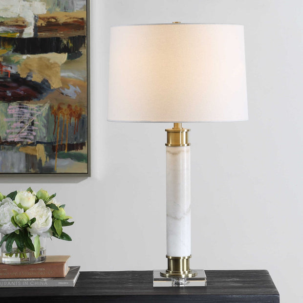 Uttermost Plinth White Marble Table Lamp With Linen Shade