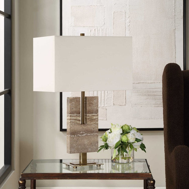 Uttermost Turning Point Travertine Table Lamp With White Linen Shade