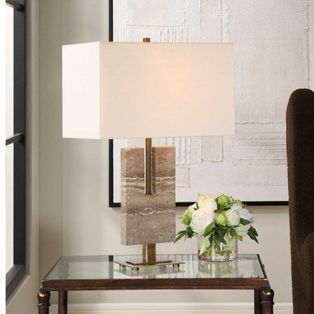 Uttermost Turning Point Travertine Table Lamp With White Linen Shade
