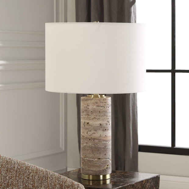 Uttermost Cortado Travertine Table Lamp With White Linen Shade