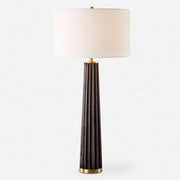 Uttermost Forage Dark Stained Oak Wood Table Lamp With White Linen Shade