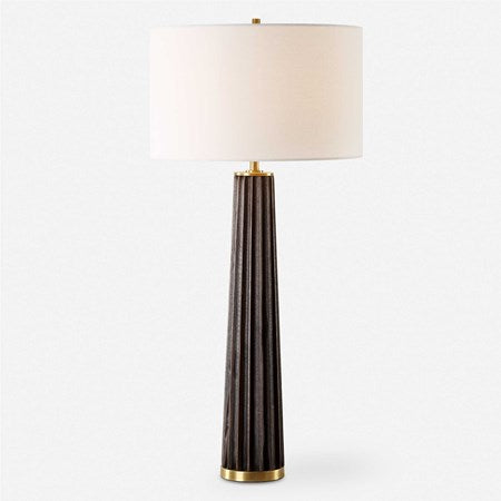 Uttermost Forage Dark Stained Oak Wood Table Lamp With White Linen Shade