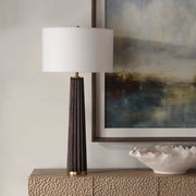 Uttermost Forage Dark Stained Oak Wood Table Lamp With White Linen Shade