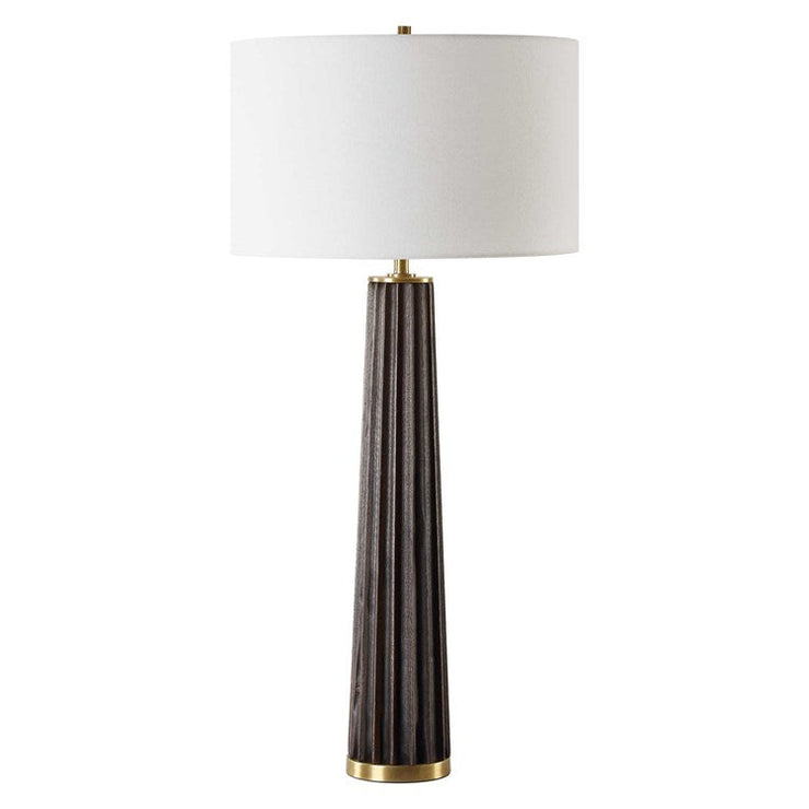 Uttermost Forage Dark Stained Oak Wood Table Lamp With White Linen Shade