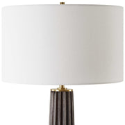 Uttermost Forage Dark Stained Oak Wood Table Lamp With White Linen Shade
