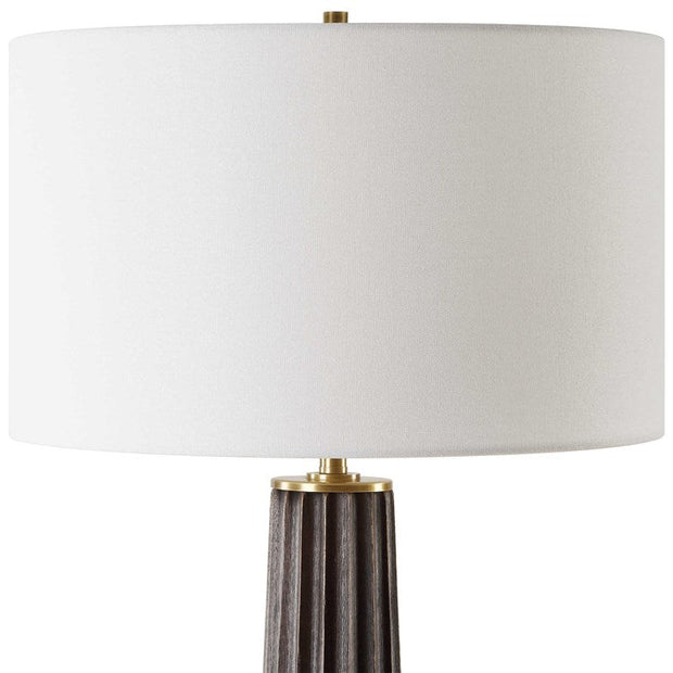 Uttermost Forage Dark Stained Oak Wood Table Lamp With White Linen Shade