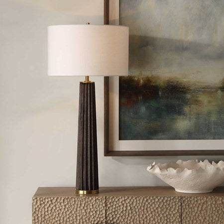 Uttermost Forage Dark Stained Oak Wood Table Lamp With White Linen Shade