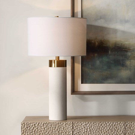 Uttermost Wessex White Faux Shagreen and Brushed Brass Table Lamp With Linen Shade