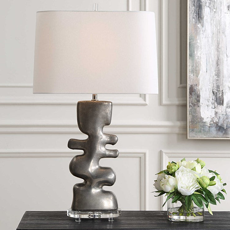 Uttermost Free Flowing Nickel Glaze Table Lamp With White Linen Shade