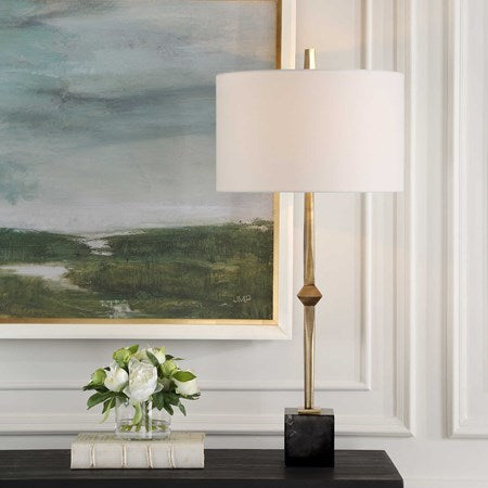 Uttermost Suranne Antiqued Brass and Black Marble Table Lamp With White Linen Shade