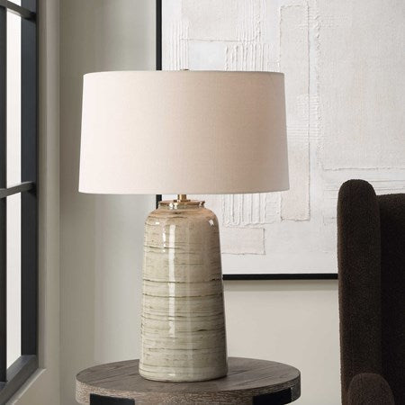 Uttermost Strata Tan Glazed Ceramic Table Lamp With White Linen Shade
