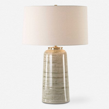 Uttermost Strata Tan Glazed Ceramic Table Lamp With White Linen Shade