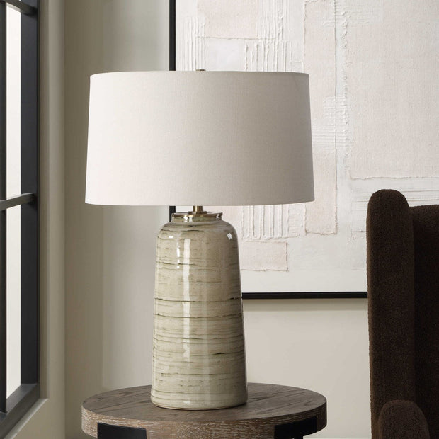 Uttermost Strata Tan Glazed Ceramic Table Lamp With White Linen Shade