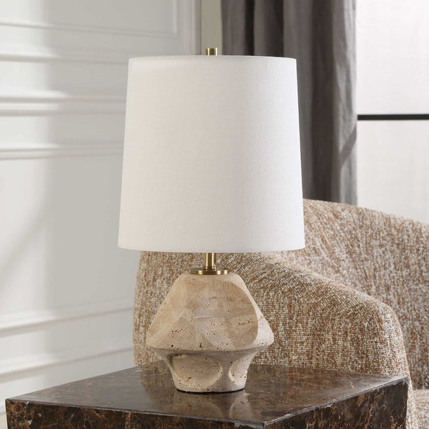 Uttermost Indent Travertine Accent Lamp With White Linen Shade