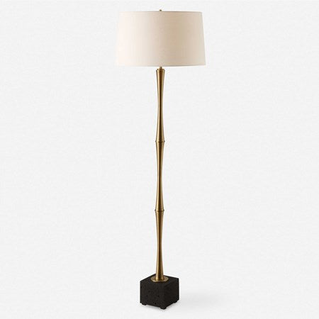 Uttermost Shino Antique Brass Iron Floor Lamp With White Linen Shade