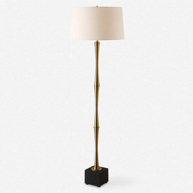 Uttermost Shino Antique Brass Iron Floor Lamp With White Linen Shade