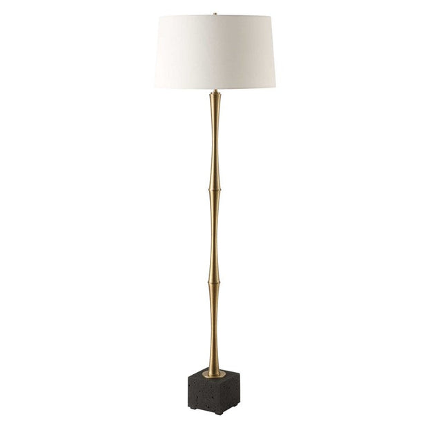 Uttermost Shino Antique Brass Iron Floor Lamp With White Linen Shade
